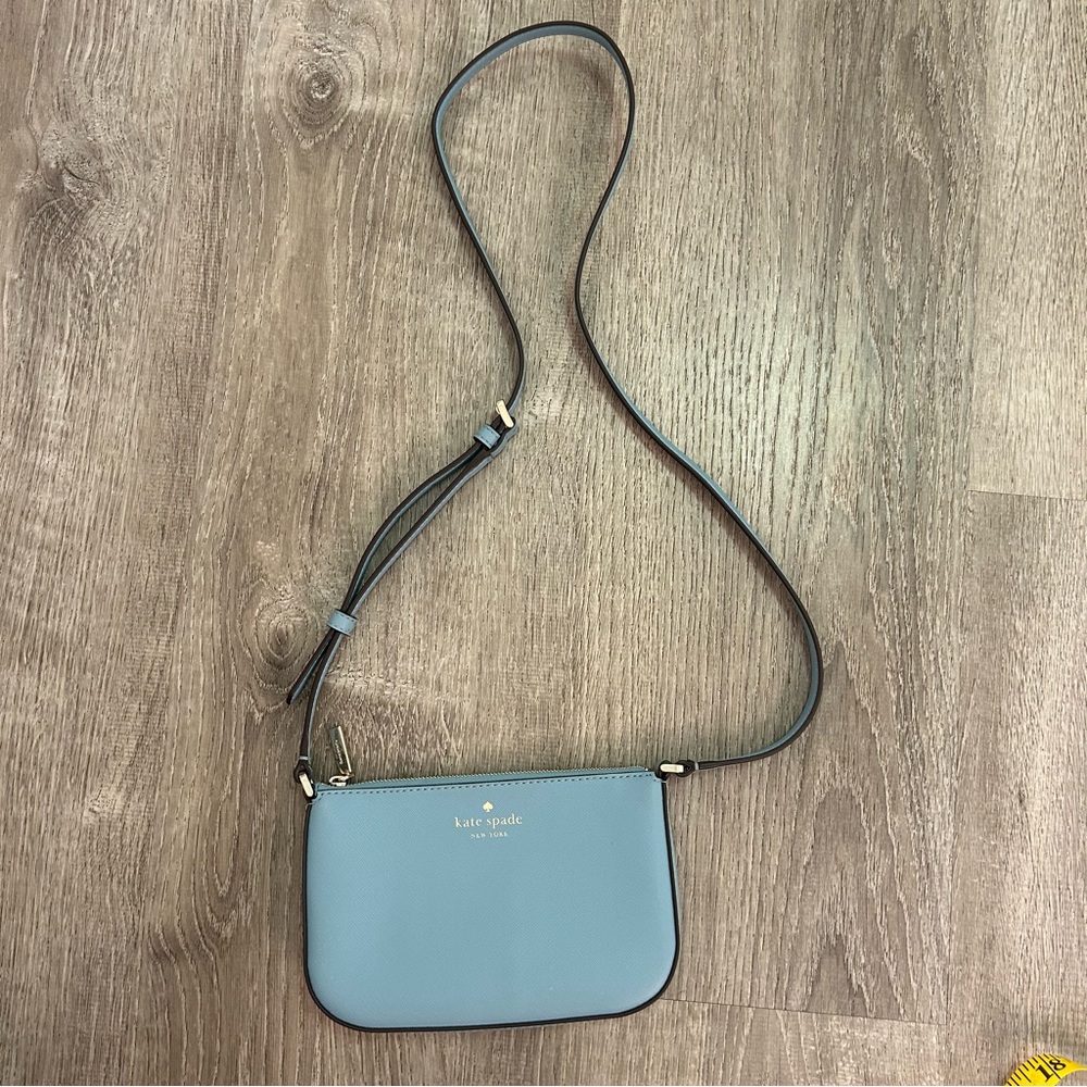 Kate Spade New York Light Blue Saffiano Leather Crossbody Shoulder Bag Zip Top